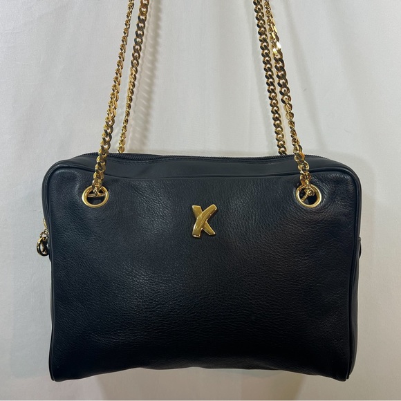 VINTAGE PALOMA PICASSO Black Leather Gold Chain Shoulder Bag - Picture 2 of 6